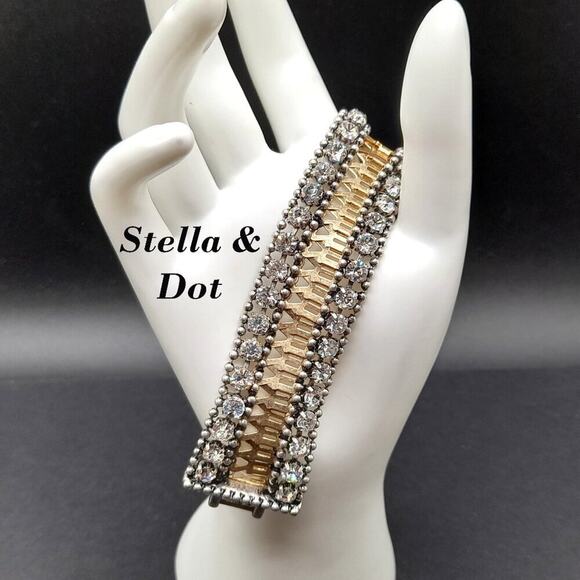 Stella & Dot Rhinestone Wide Bracelet, Two Rows Clear Rhinestones, 6 3/4 Inch - Picture 1 of 12